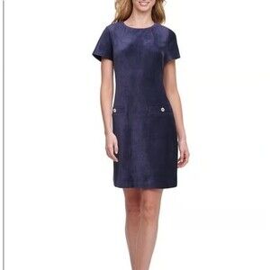 Tommy Hilfigar Corduroy Shift Navy Crewneck Short Sleeve Dress 16